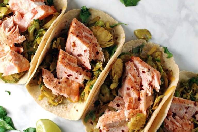 Salmon and Shredded Brussels Sprout Tacos